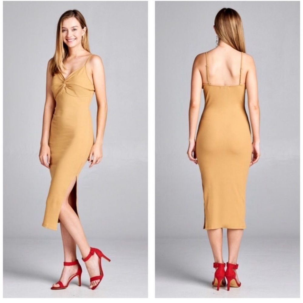 Twisted front ribbed midi dress with side slit - Picture 7 of 7